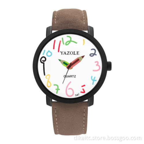 Yazole 329 New Student Casual Cheap Watch Brown Leather Analog Quartz Wrist Watches Dress Colorful Children Watch